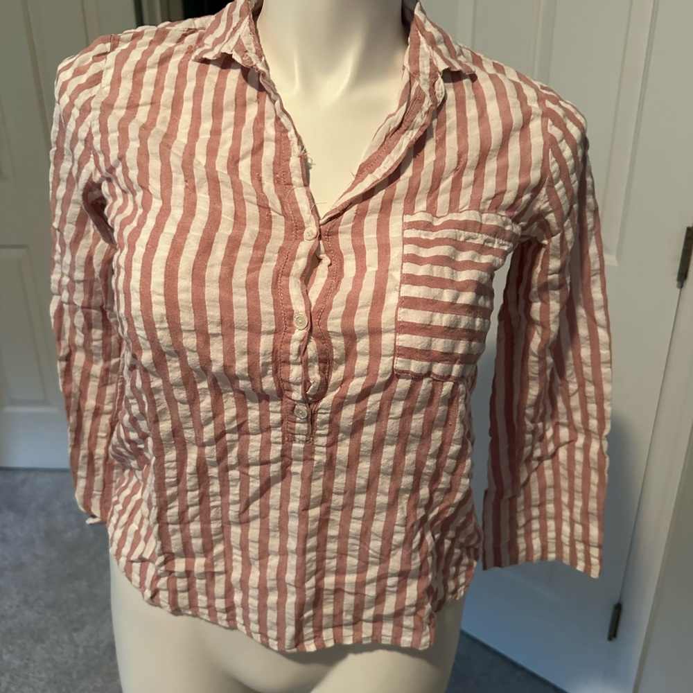 Striped Red & White Button-Front Women’s Top